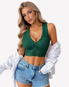 Green lace V-neck bralette crop top with racerback straps