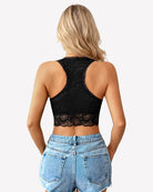 Black lace V-neck racerback crop top with open back detail