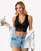 Black lace V-neck racerback crop top, unpadded bralette style