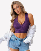 Purple lace V-neck racerback crop top with floral texture