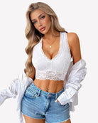 White lace V-neck racerback crop top with floral lace texture