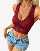 Lace floral crop cami, V-neck racerback front view, burgundy red, non-padded
