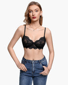 Black lace balconette underwire bra with scalloped lace trim