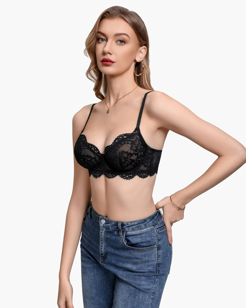 Black lace balconette underwire bra with thin straps and lace cups
