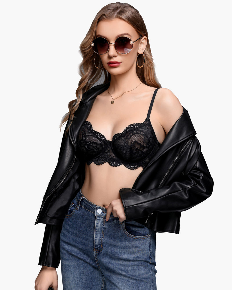 Black lace balconette underwire bra with sheer lace cups and underwire