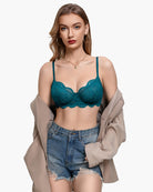 Teal lace balconette underwire bra with underwire cups and scalloped trim