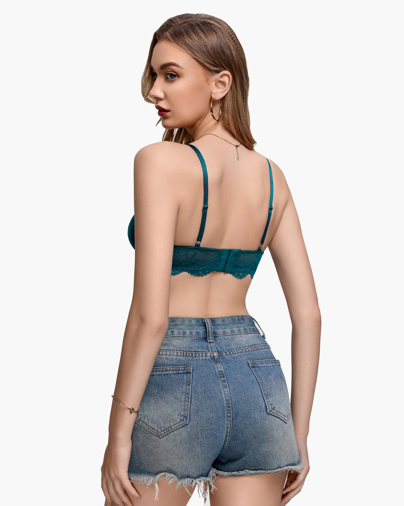 Teal lace balconette underwire bra back view with thin straps and lace band