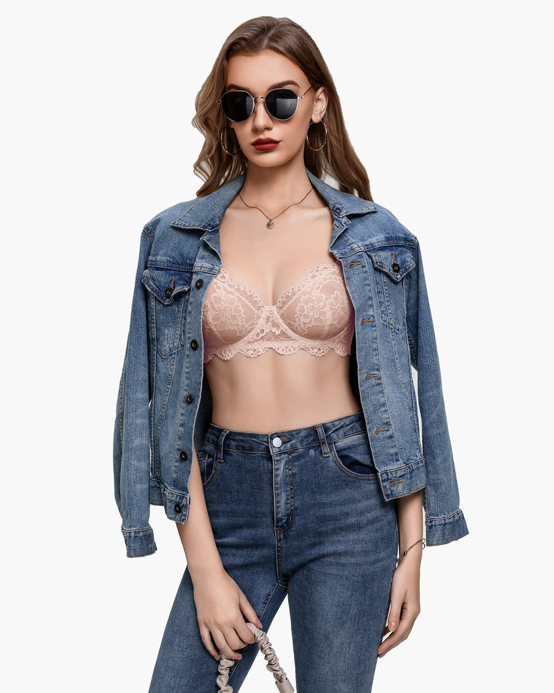 Champagne lace balconette underwire bra with underwire cups and thin straps