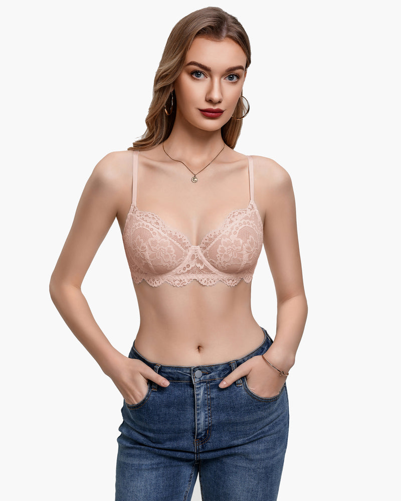 Champagne lace balconette underwire bra with scalloped trim and thin straps