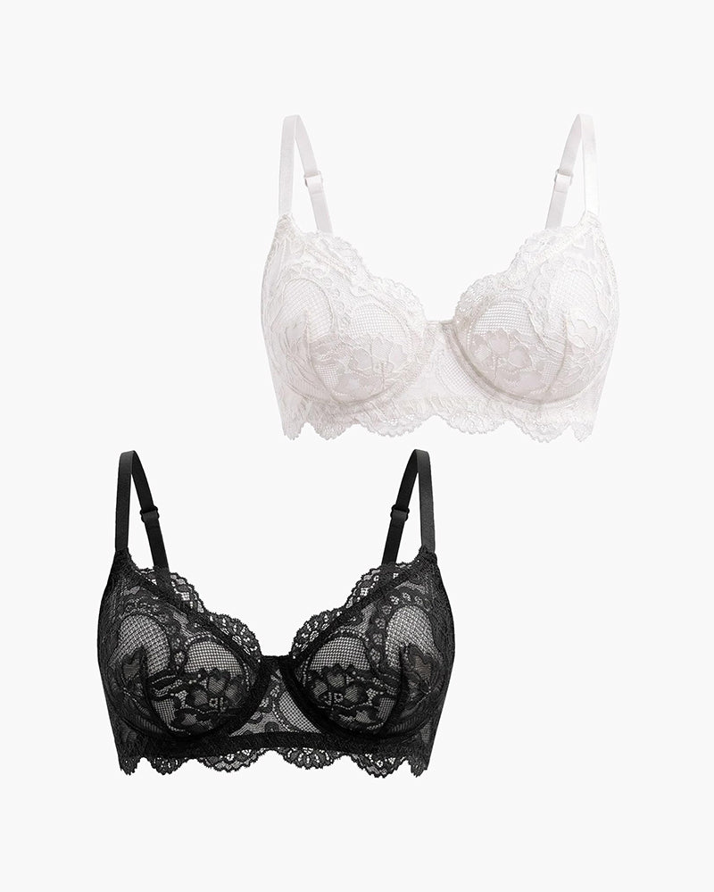 White and black lace balconette underwire bras, flat lay