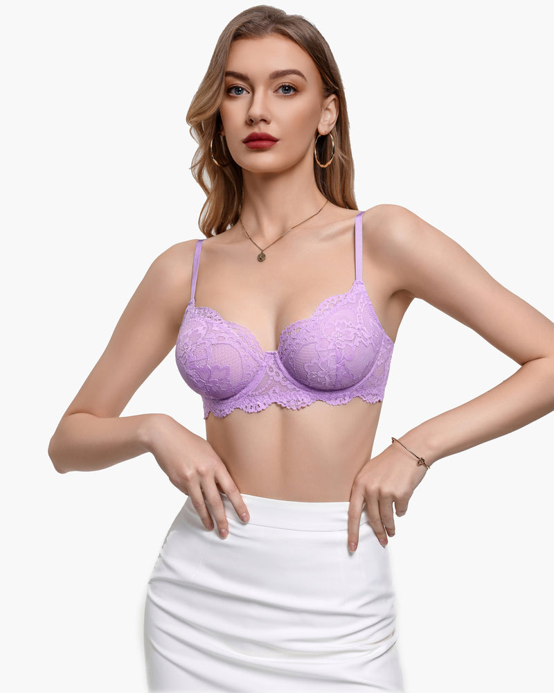 Lilac lace balconette underwire bra with scalloped lace trim