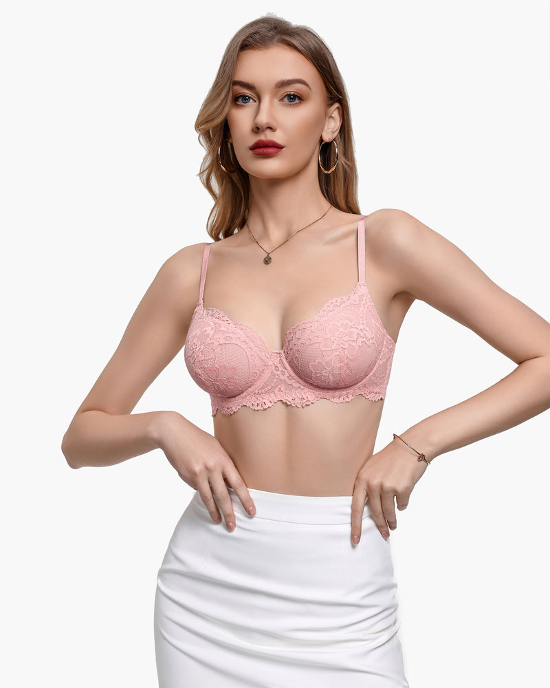 Light pink lace balconette underwire bra with lace cups and scalloped trim