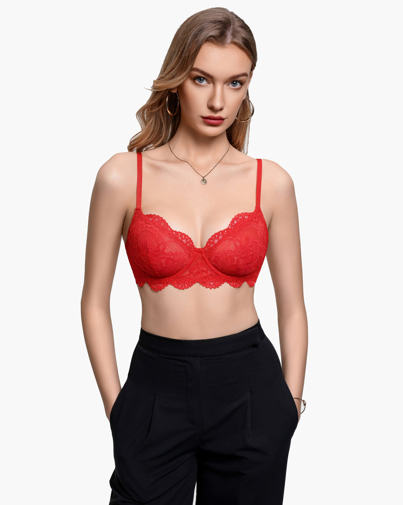 Red lace balconette underwire bra with underwire cups and lace scalloped hem