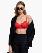 Red lace balconette underwire bra with scalloped lace edges and thin straps