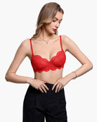 Red lace balconette underwire bra with scalloped lace trim and thin straps