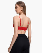 Red lace balconette underwire bra back view with thin adjustable straps