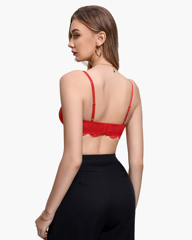 Red lace balconette underwire bra back view with thin adjustable straps