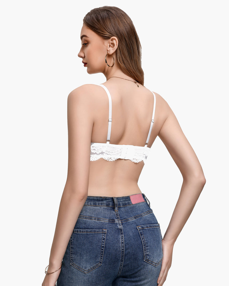 White lace balconette underwire bra with adjustable back straps, unlined cups