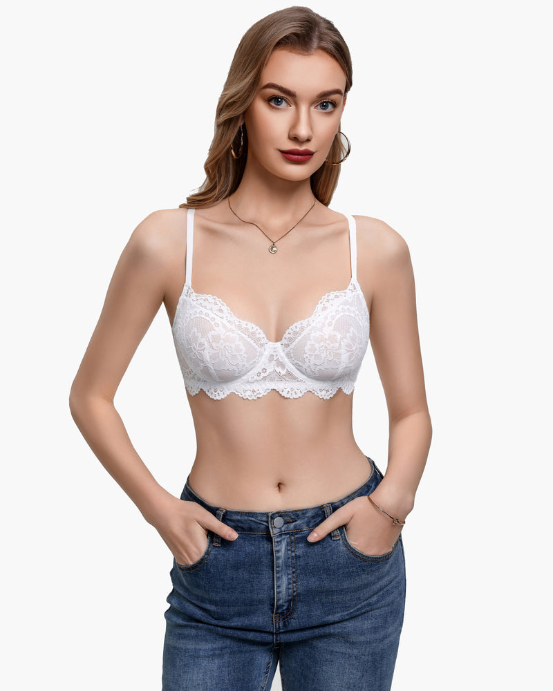 White lace balconette underwire bra with scalloped unlined cups