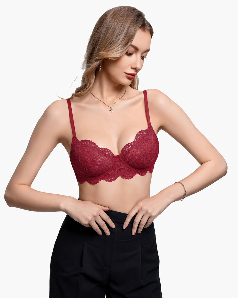 Burgundy lace balconette underwire bra with lace cups and thin straps