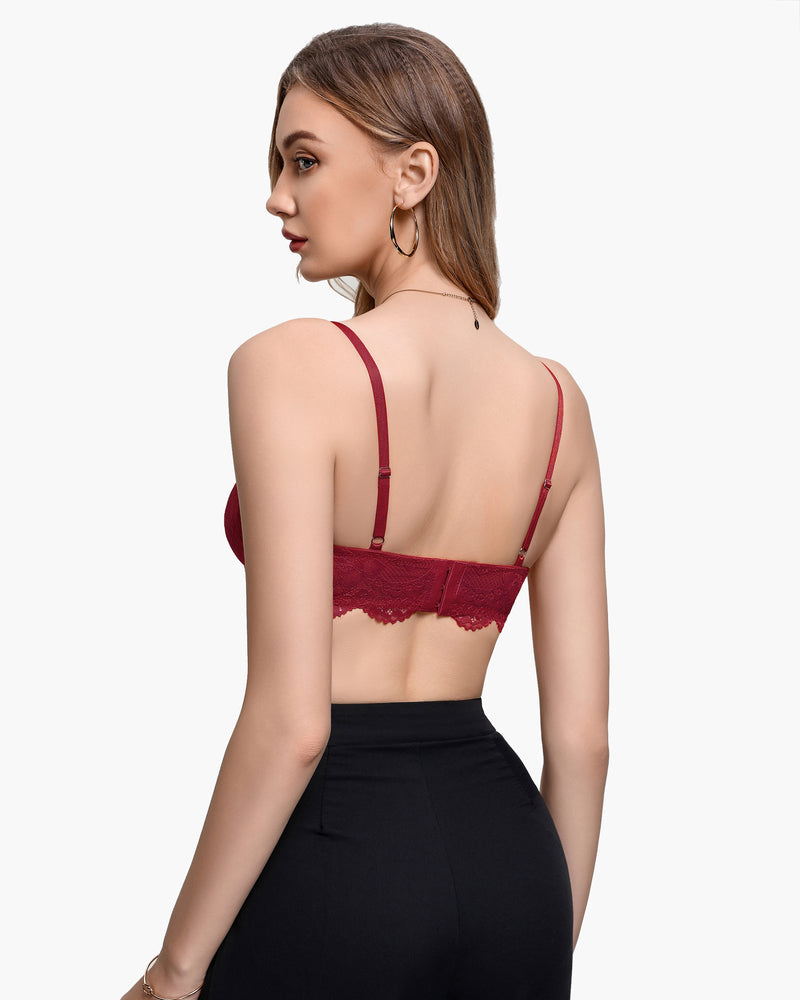 Burgundy lace balconette underwire bra, back view with thin straps