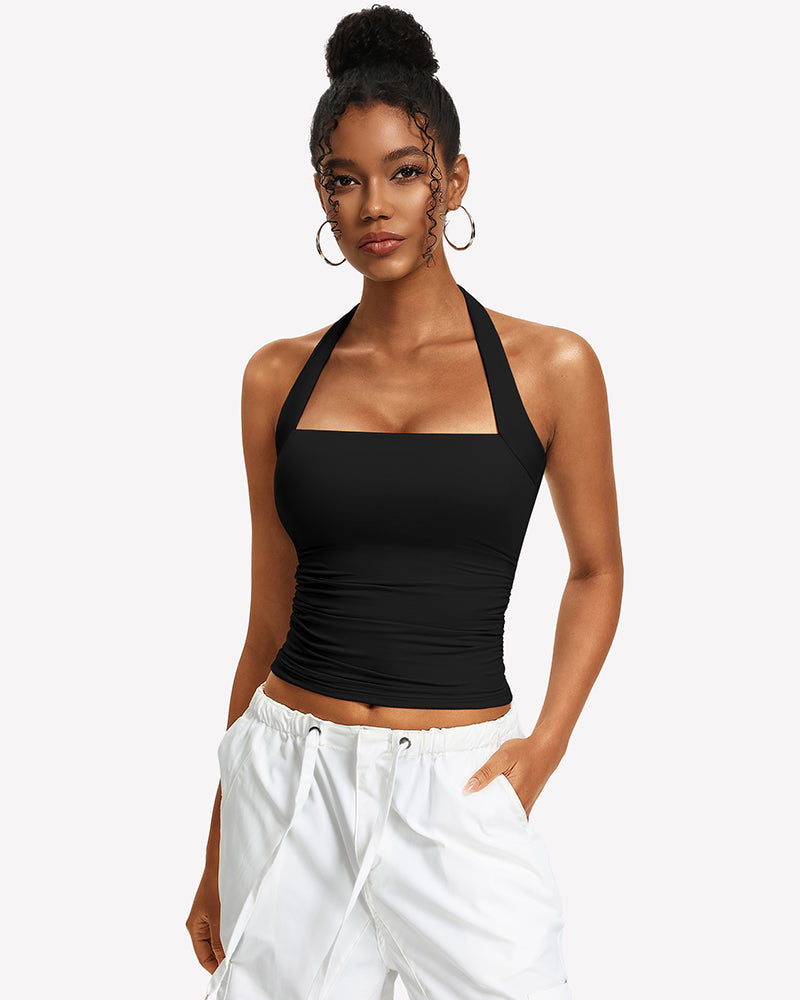 Black square-neck ruched halter tank top with ruched bodice