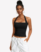 Black square-neck ruched halter tank top with ruched bodice