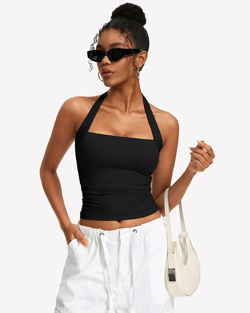 Black square-neck ruched halter tank top, angled front