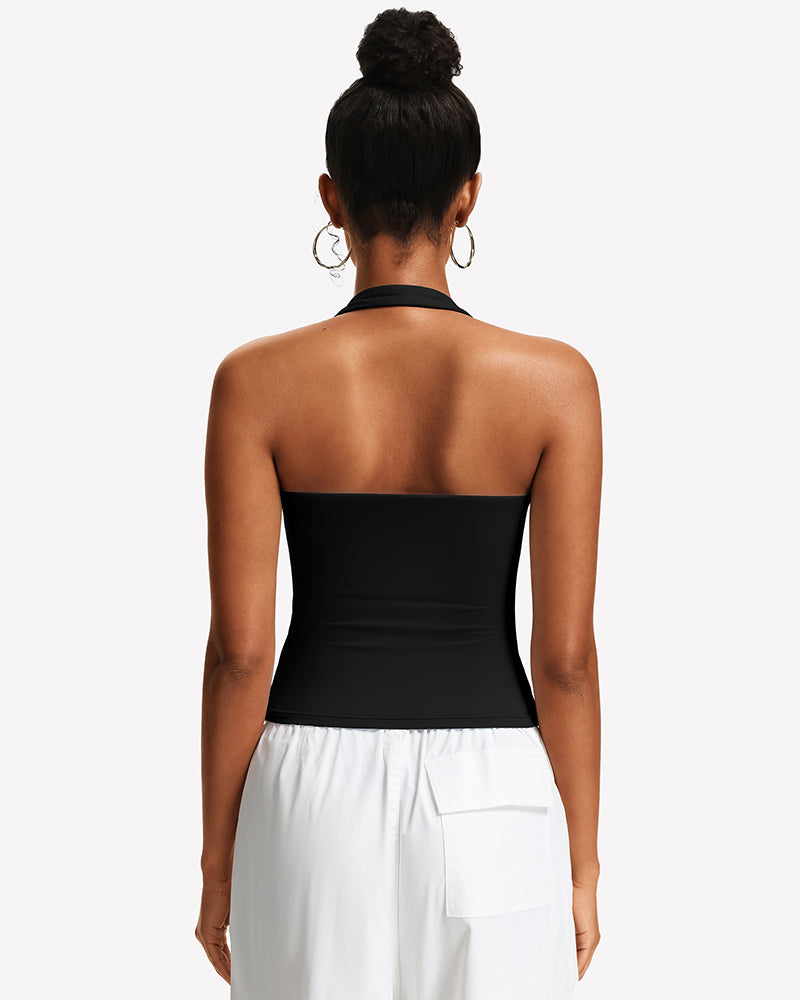 Black square-neck ruched halter tank top, back view