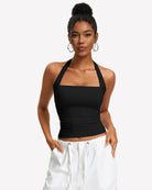 Black square-neck ruched halter tank top