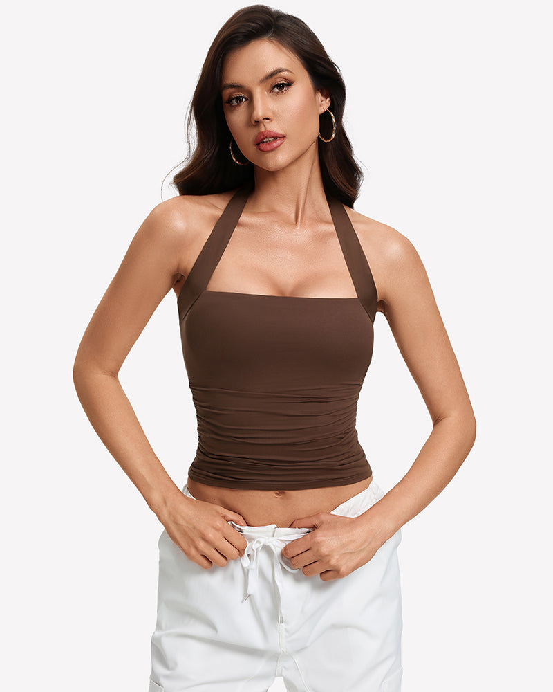 Brown square-neck ruched halter tank top