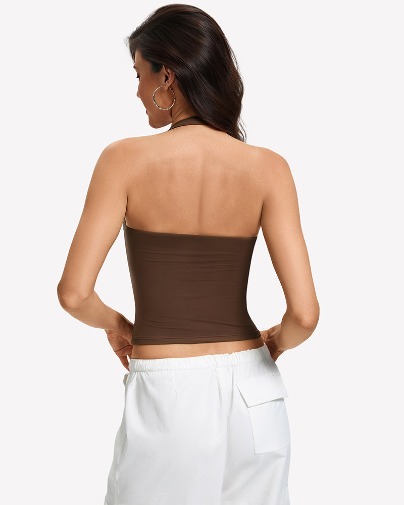 Brown square-neck ruched halter tank top, back view