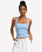 Ruched halter tank top in light blue with square neckline
