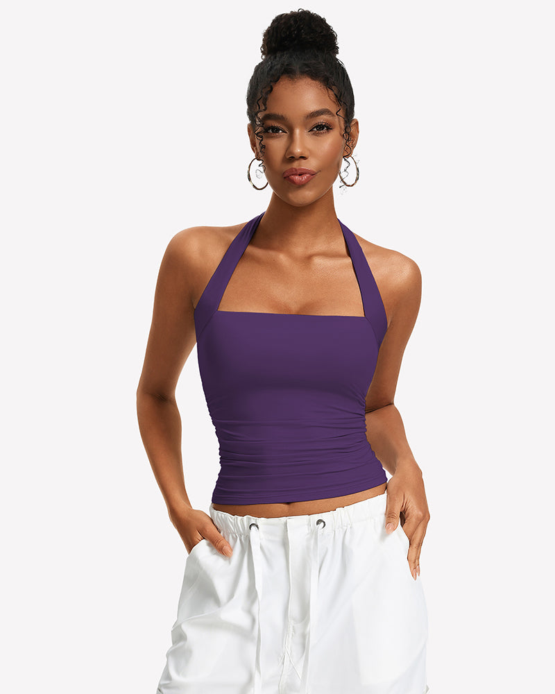 Purple square-neck ruched halter tank top