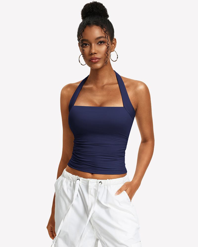Navy blue square-neck ruched halter tank top