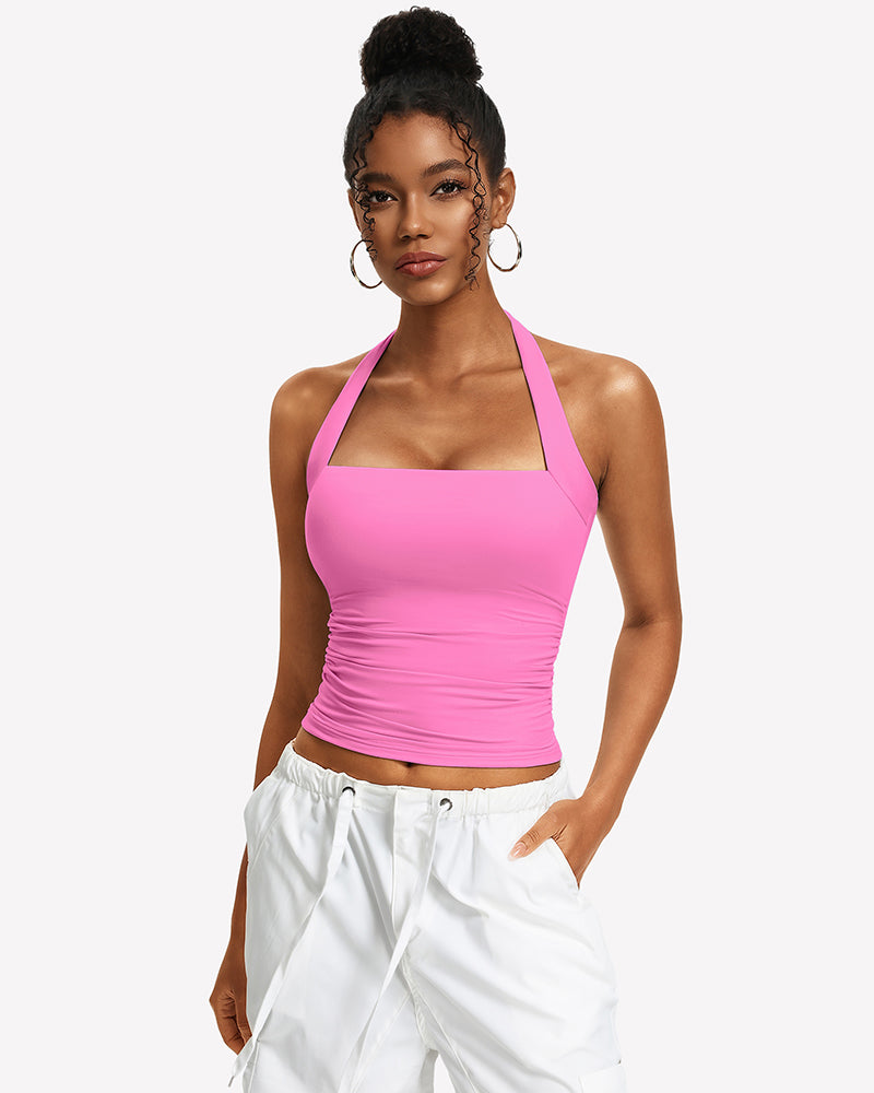 Pink square-neck ruched halter tank top