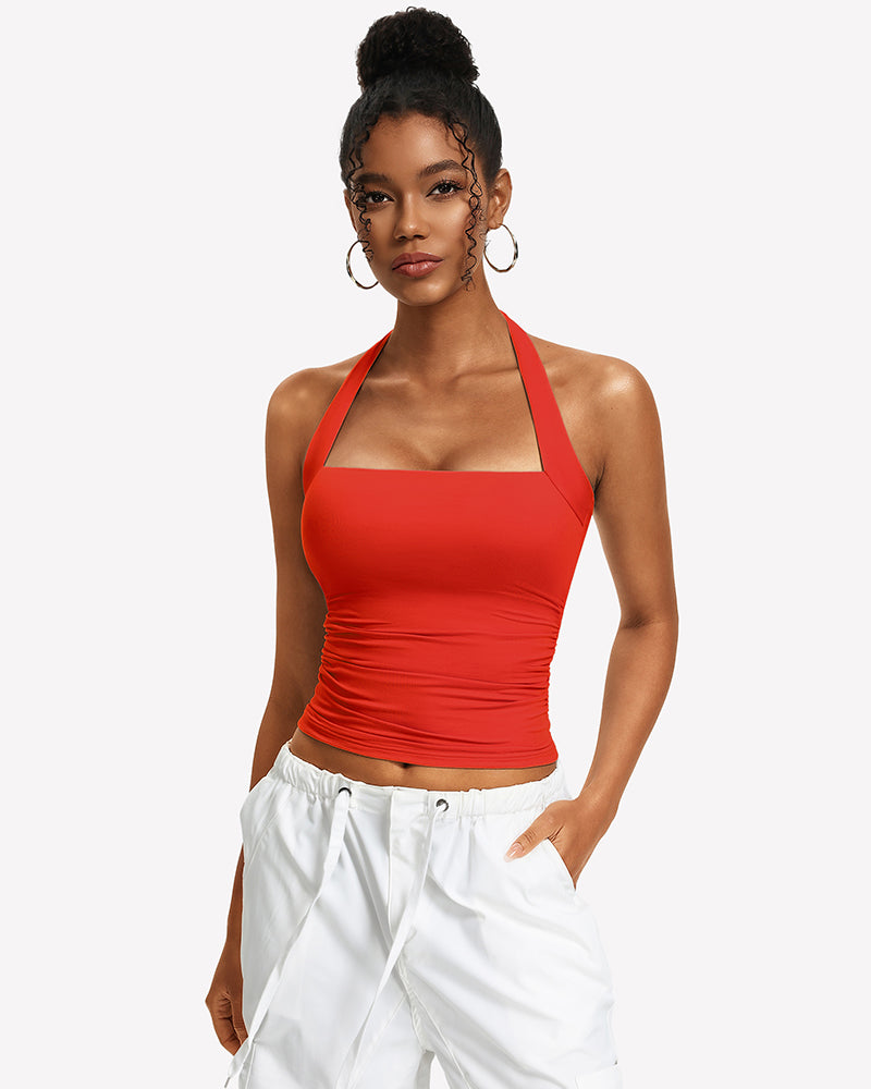 Red square-neck ruched halter tank top