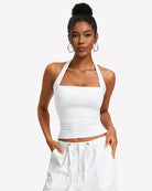 Ruched halter tank top in white with square neckline