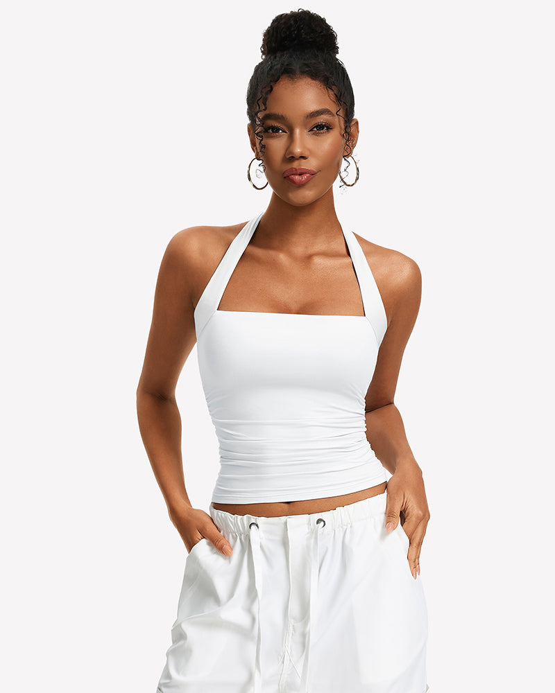Ruched halter tank top in white with square neckline