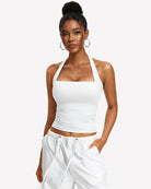 Ruched halter tank top in white with square neckline and ruched front