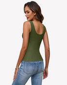 Army green ribbed knit deep V-neck tank top with scoop back