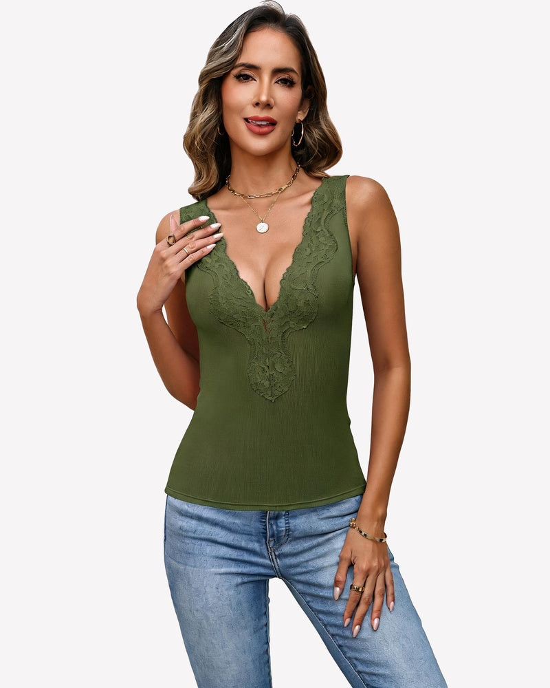 Olive green ribbed knit deep V-neck cami top with lace-like texture