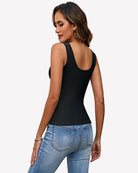 Black ribbed knit deep V-neck tank top with racerback