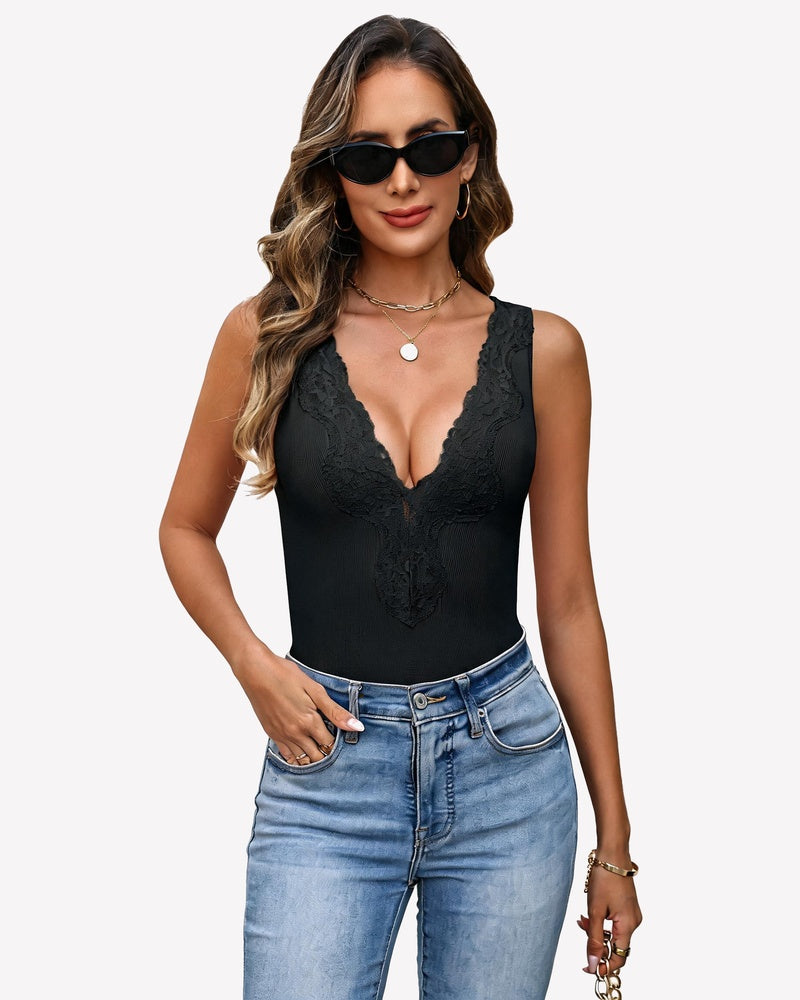 Black ribbed knit deep V-neck cami top with lace-like texture