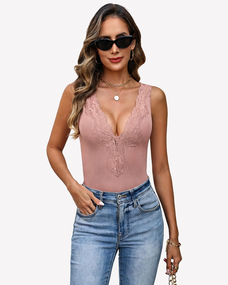 Dusty pink ribbed knit deep V-neck cami top with lace-like texture