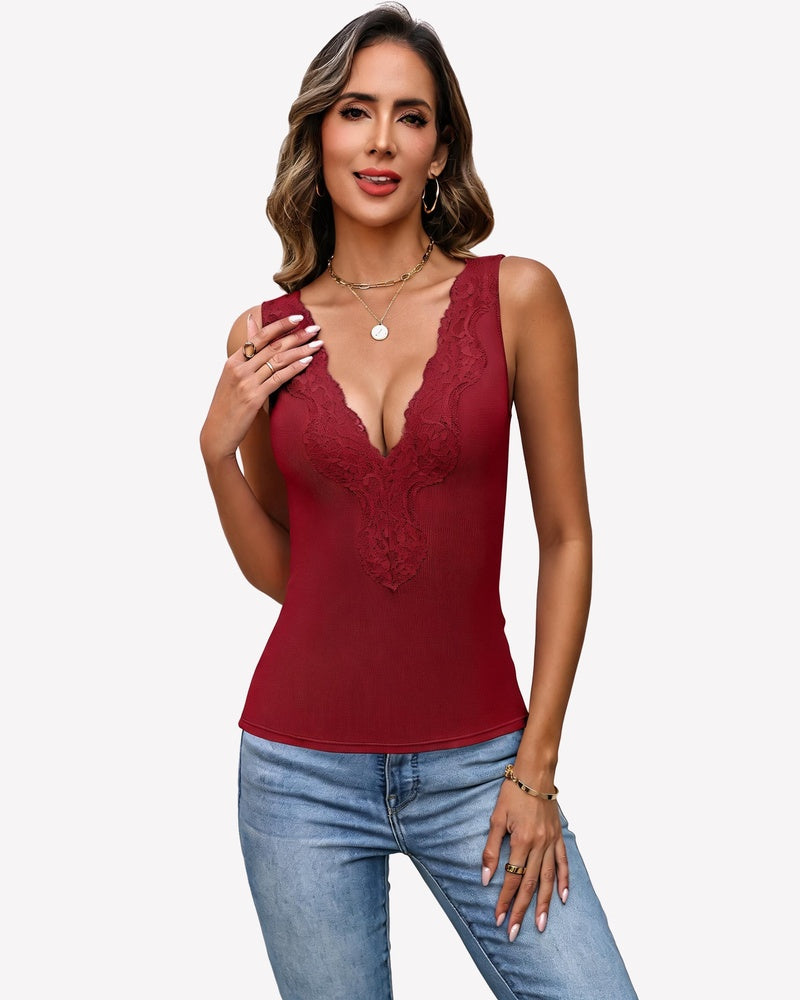 Wine red ribbed knit deep V-neck tank top with scoop back