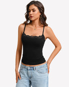 Black lace-trim camisole tank top with lace neckline and slim fit, side view