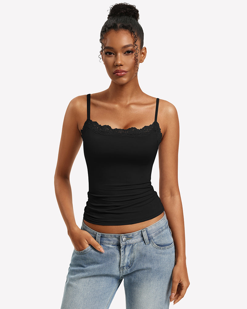 Black lace-trim camisole tank top with square neckline and slim fit straps