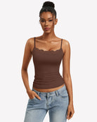 Brown lace-trim square-neck slim camisole with spaghetti straps