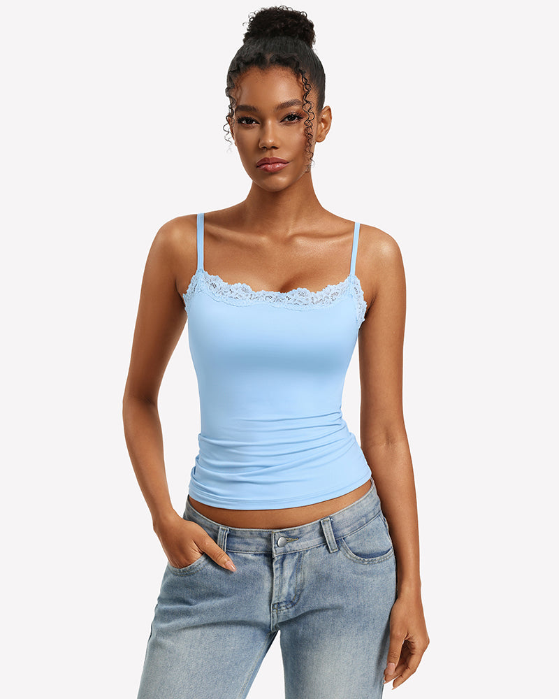 Light blue lace-trim camisole tank top with square neckline and slim fit straps